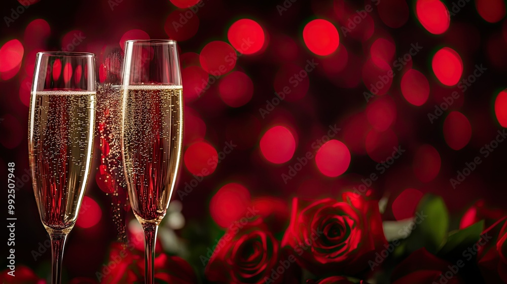 A pair of champagne flutes with red roses in the background, representing romance and celebration. Copy space provided. A pair of champagne flutes with red roses in the background, representing romance and celebration. Copy space provided.