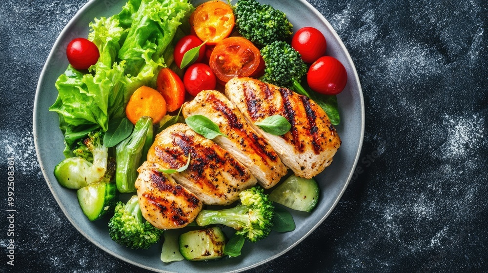 A plate with a portion of grilled chicken and steamed vegetables, top view, representing a healthy weight loss diet. Copy space. A plate with a portion of grilled chicken and steamed vegetables, top view, representing a healthy weight loss diet. Copy space.