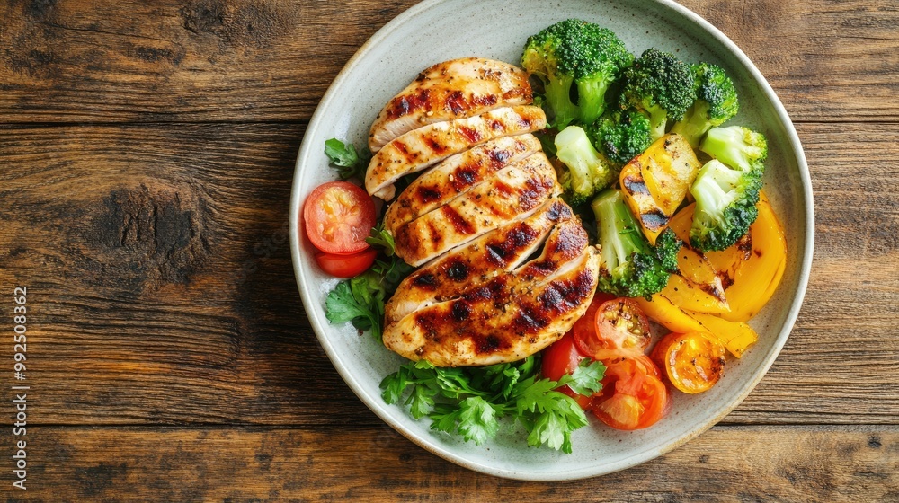 A plate with a portion of grilled chicken and steamed vegetables, top view, representing a healthy weight loss diet. Copy space.