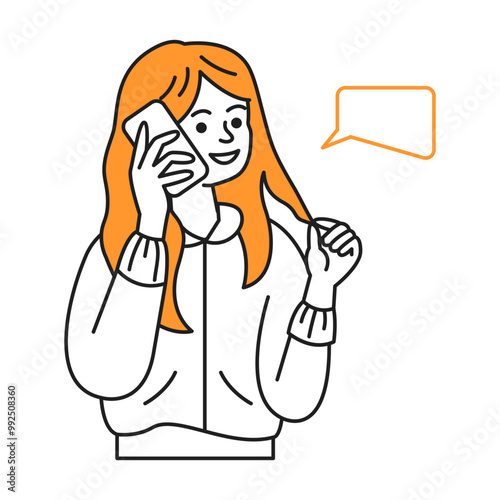 Young redhead woman talking on smartphone color line vector icon. Lady enjoys friendly conversation touching hair character illustration