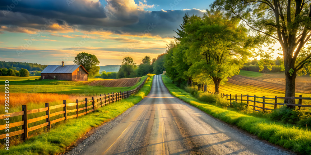 Fototapeta premium A cozy country road filled with nostalgic memories, nostalgic, countryside, path, rural, tranquil, serene, peaceful