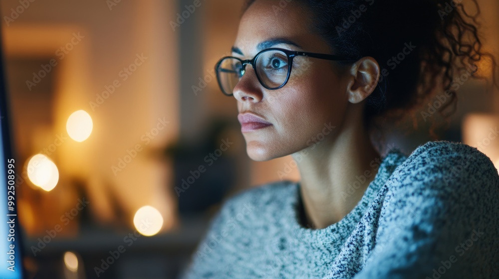 A dedicated woman in glasses works intently at night on two monitors, surrounded by warm ambient lighting and a focused atmosphere A dedicated woman in glasses works intently at night on two monitors, surrounded by warm ambient lighting and a focused atmosphere