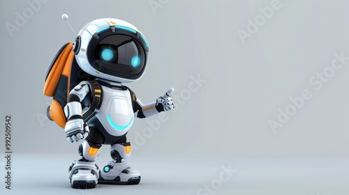 Cute futuristic robot pointing finger at copy space on gray background AI generated image