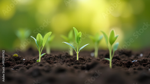 Young green seedlings sprouting in fertile soil symbolizing growth and sustainability in organic farming