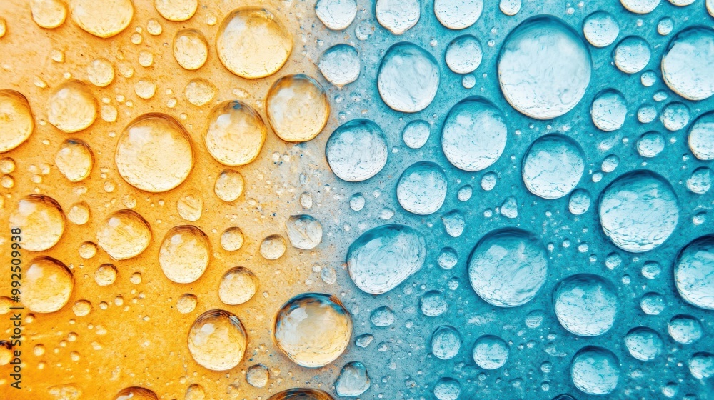 Droplets of oil in vivid colors float on the surface of water, creating striking patterns against a split background of orange and blue Droplets of oil in vivid colors float on the surface of water, creating striking patterns against a split background of orange and blue