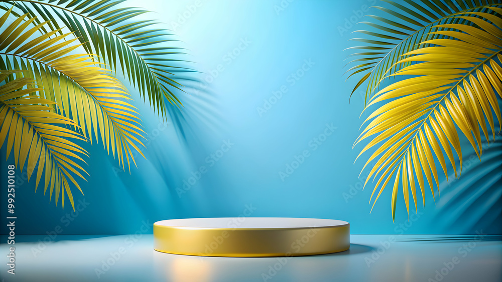 Podium with blue background and yellow palm leaves, with a light-colored table in the foreground, podium, blue