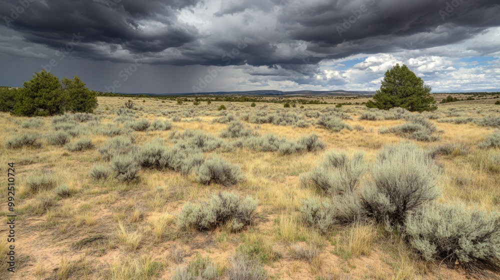 A vast desert area features hardy plants thriving beneath a cloudy sky, evoking the contrasts of nature’s beauty and power A vast desert area features hardy plants thriving beneath a cloudy sky, evoking the contrasts of nature’s beauty and power