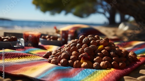 Closeup of marang fruit scattered across colorful picnic blanket tropical beach bright sand umbrella ocean wave softly blurred behind evoking lively fresh atmosphere Scientific name Artocarpus