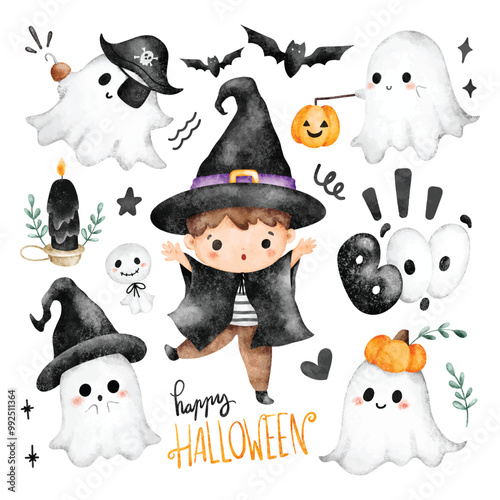 Watercolor Illustration Set of Cute Ghosts and Halloween Character