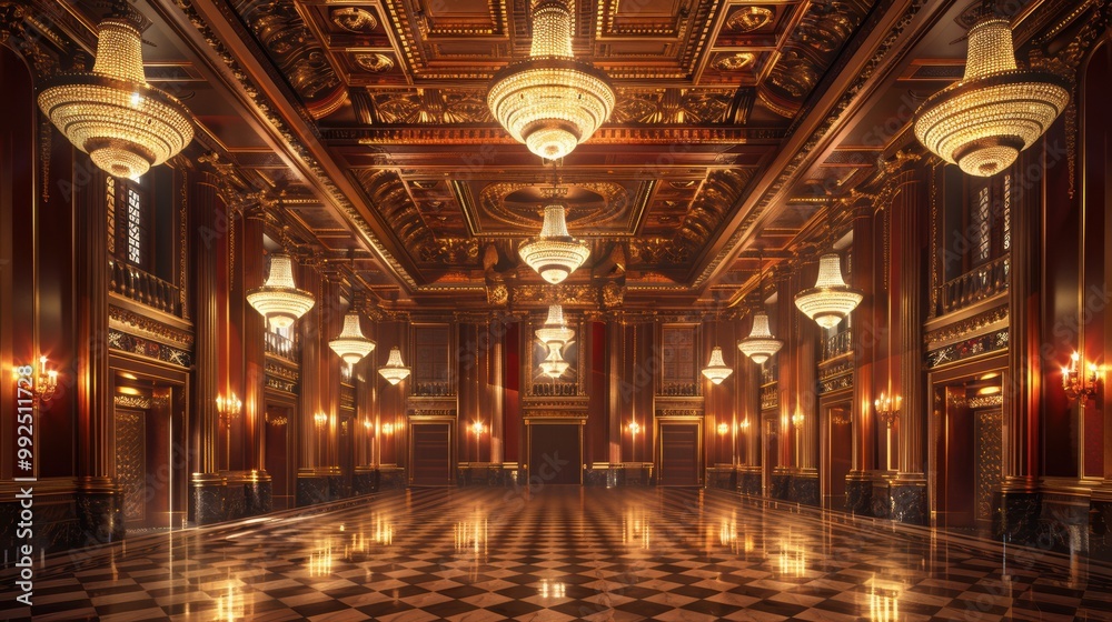 Obraz premium Luxurious grand ballroom with ornate chandeliers, intricate woodwork, and checkered floor, illuminated by warm, golden lighting.