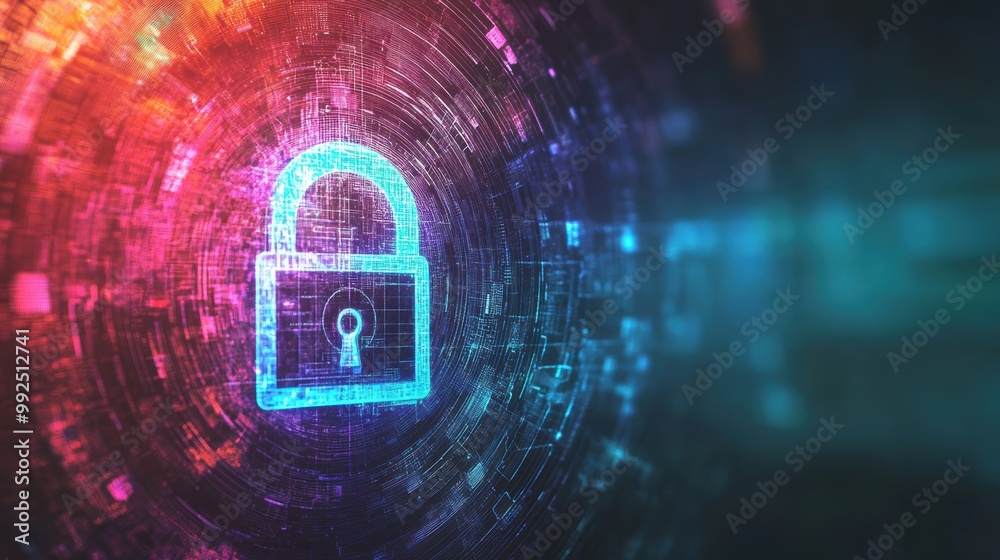 Obraz premium A holographic lock appears amidst colorful digital patterns, representing cutting-edge cybersecurity technology in a virtual environment