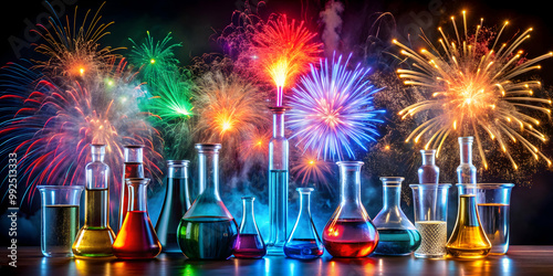 Chemistry laboratory glassware exploding with colorful fireworks cloud effects, chemistry, laboratory, test tubes