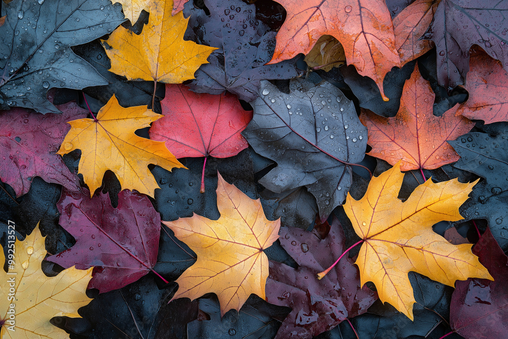 Vibrant Autumn Leaves with Water Droplets in Rich Colors Vibrant Autumn Leaves with Water Droplets in Rich Colors