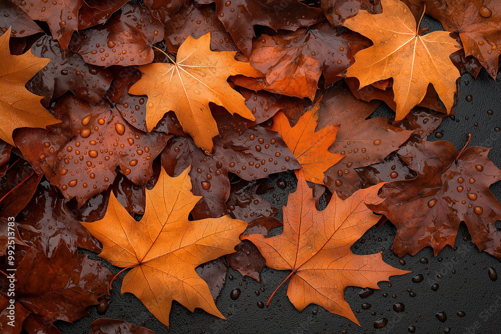 Vibrant Autumn Leaves with Water Droplets on Dark Wet Surface Vibrant Autumn Leaves with Water Droplets on Dark Wet Surface