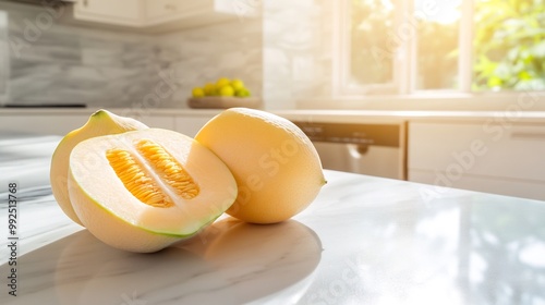 Closeup of melon pear fruits sliced open reveal their vibrant interiors resting modern kitchen counter sleek appliances bright natural light softly blurred background Scientific name Solanum muricatum