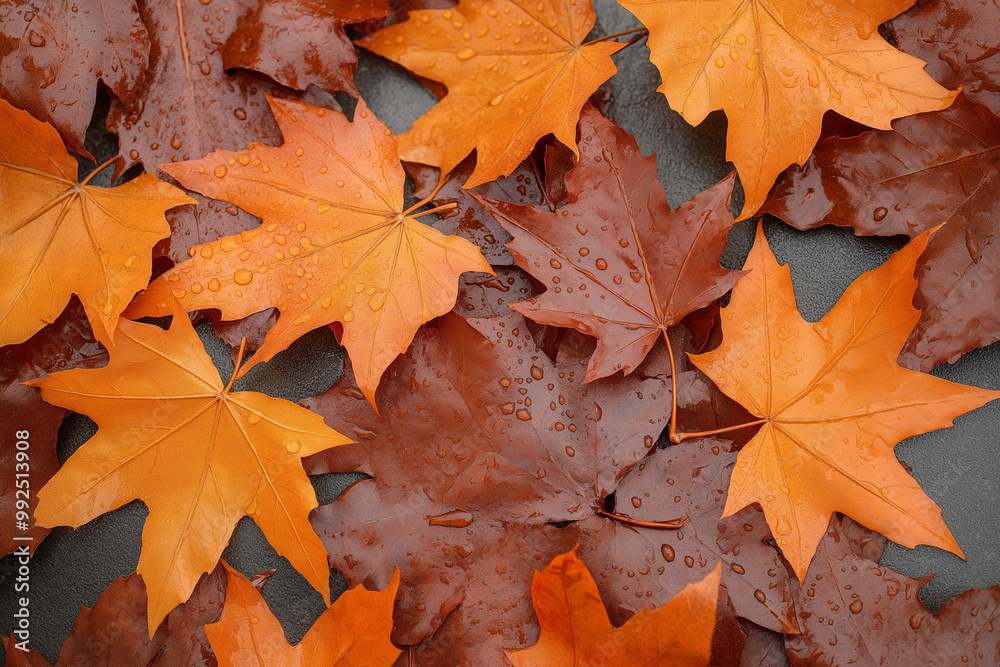 Vibrant Autumn Leaves with Water Droplets on Dark Surface Vibrant Autumn Leaves with Water Droplets on Dark Surface
