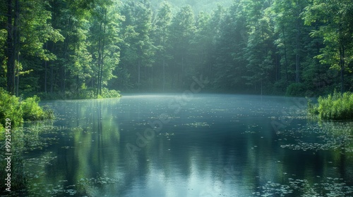 Serene lake surrounded by lush trees in a misty forest.