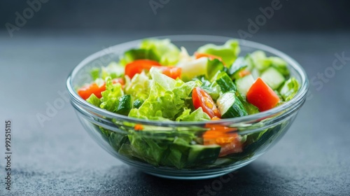 A vibrant salad bowl filled with crisp lettuce, cucumbers, and tomatoes showcases fresh ingredients on a sleek dark surface