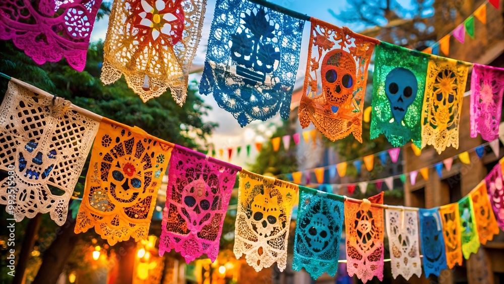 Papel Picado with Skeleton and Floral Designs for Día de los Muertos Decor Papel Picado with Skeleton and Floral Designs for Día de los Muertos Decor