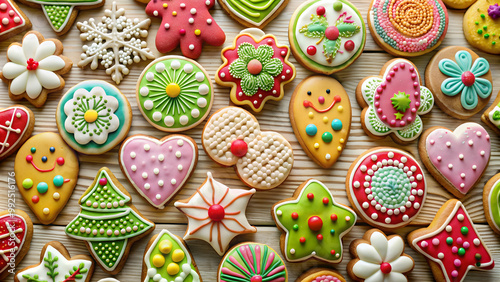 Fototapeta Naklejka Na Ścianę i Meble -  Delicious assortment of beautifully decorated cookies in various shapes, cookies, dessert, sweet, treat, baked goods, snack, bakery