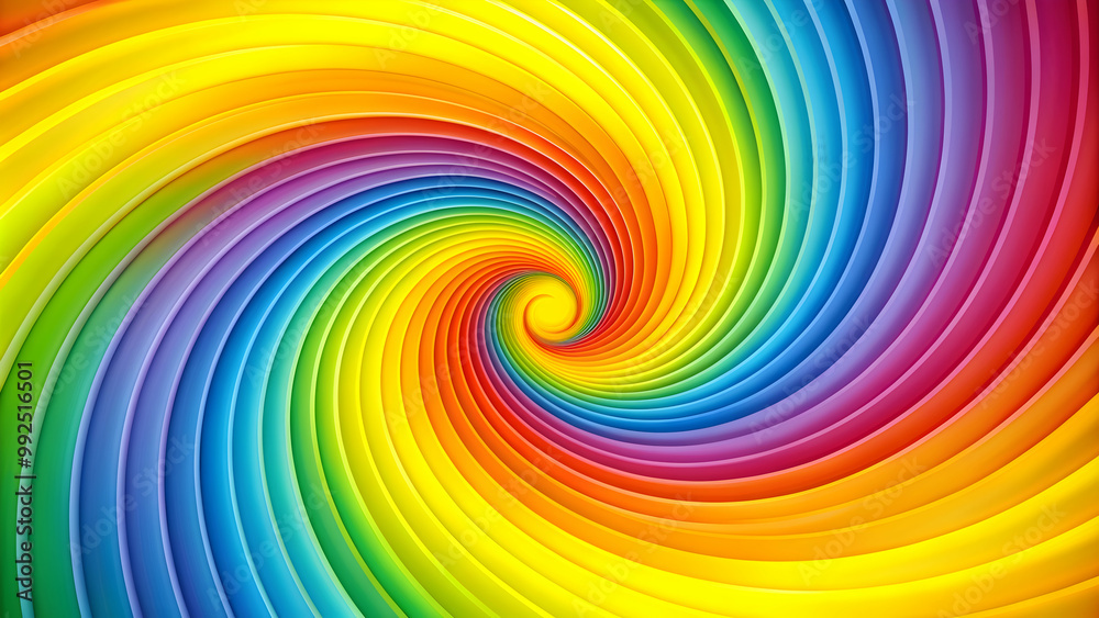 Bright rainbow spirals on a yellow background pattern , fashionable, colorful, trendy, vibrant, abstract, swirls, design