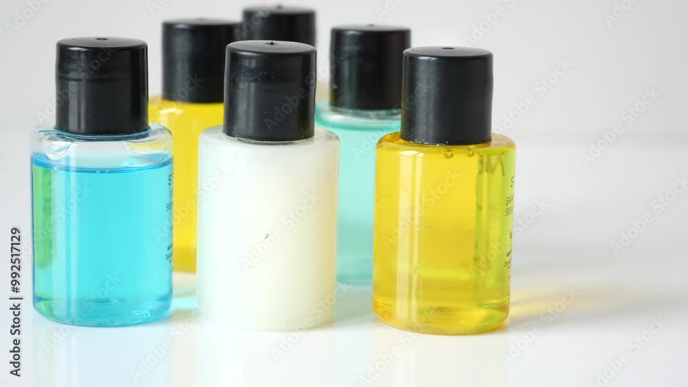Assortment of Small Bottles with Skincare and Spa Products on Clean White Background Assortment of Small Bottles with Skincare and Spa Products on Clean White Background
