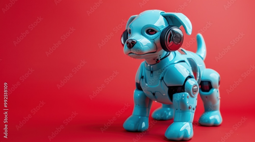 Futuristic robot dog wearing a headset on a red background AI generated image Futuristic robot dog wearing a headset on a red background AI generated image
