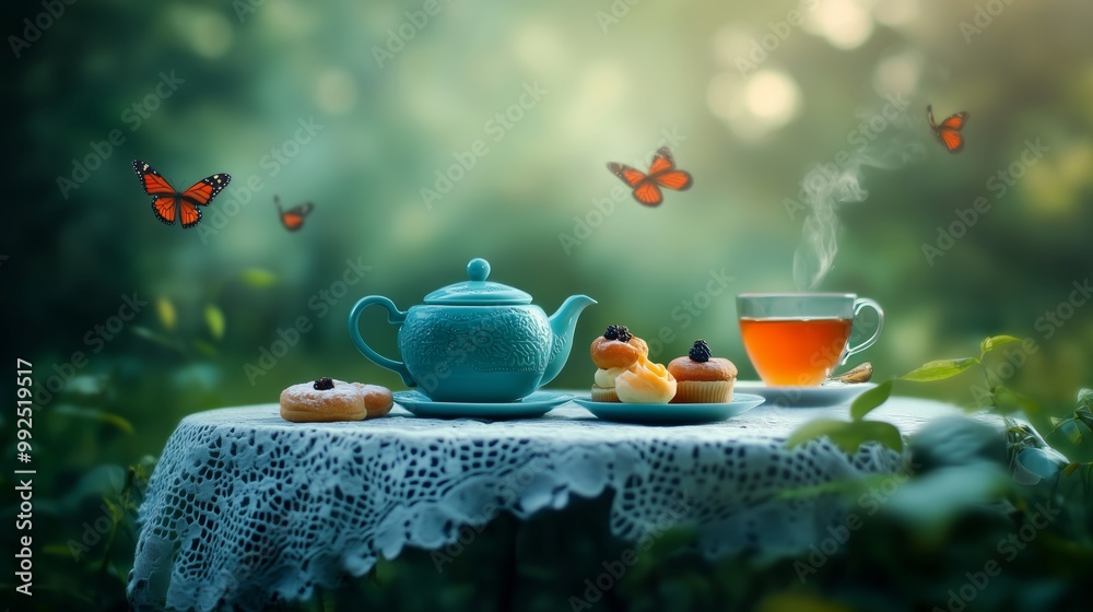 Fototapeta premium A charming outdoor tea setup on a vintage table with lace tablecloth, featuring assorted tea blends and pastries, surrounded by lush greenery and butterflies fluttering by.