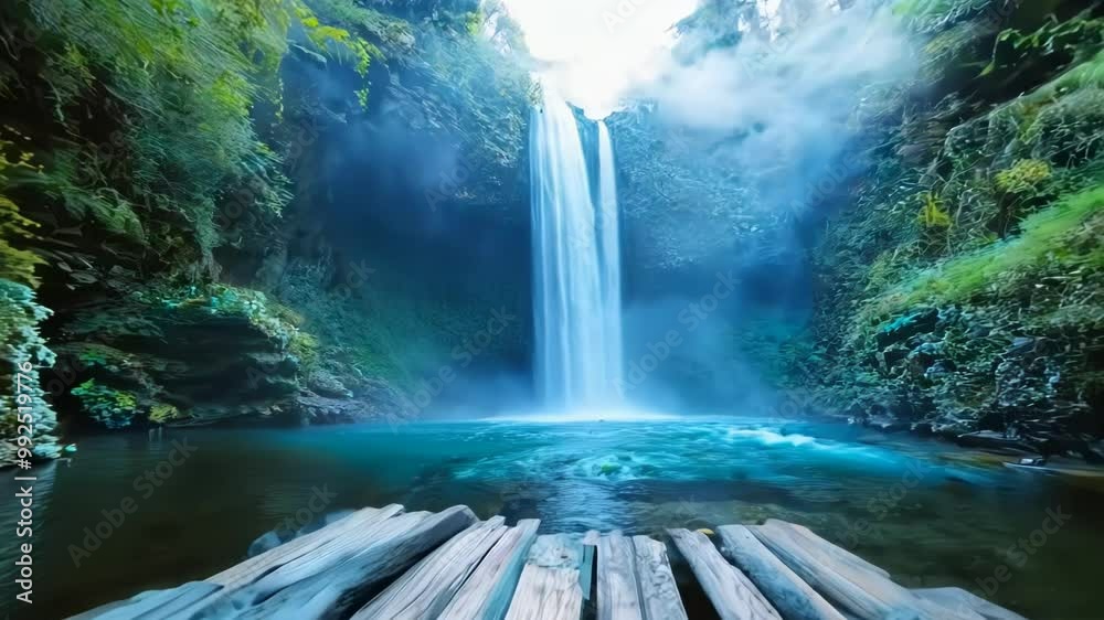 Enchanting wooden tunnel leads to a misty waterfall in a lush forest. Vibrant green foliage frames the scene. Crystal-clear turquoise pool reflects ethereal light. 
