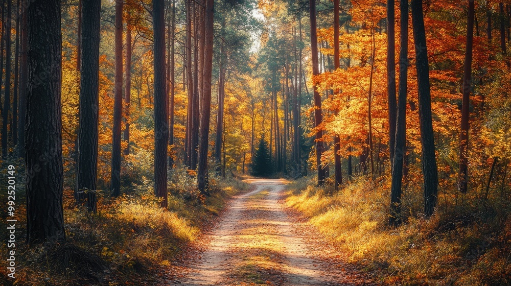 Serene Autumn Forest Pathway in Golden Light Serene Autumn Forest Pathway in Golden Light