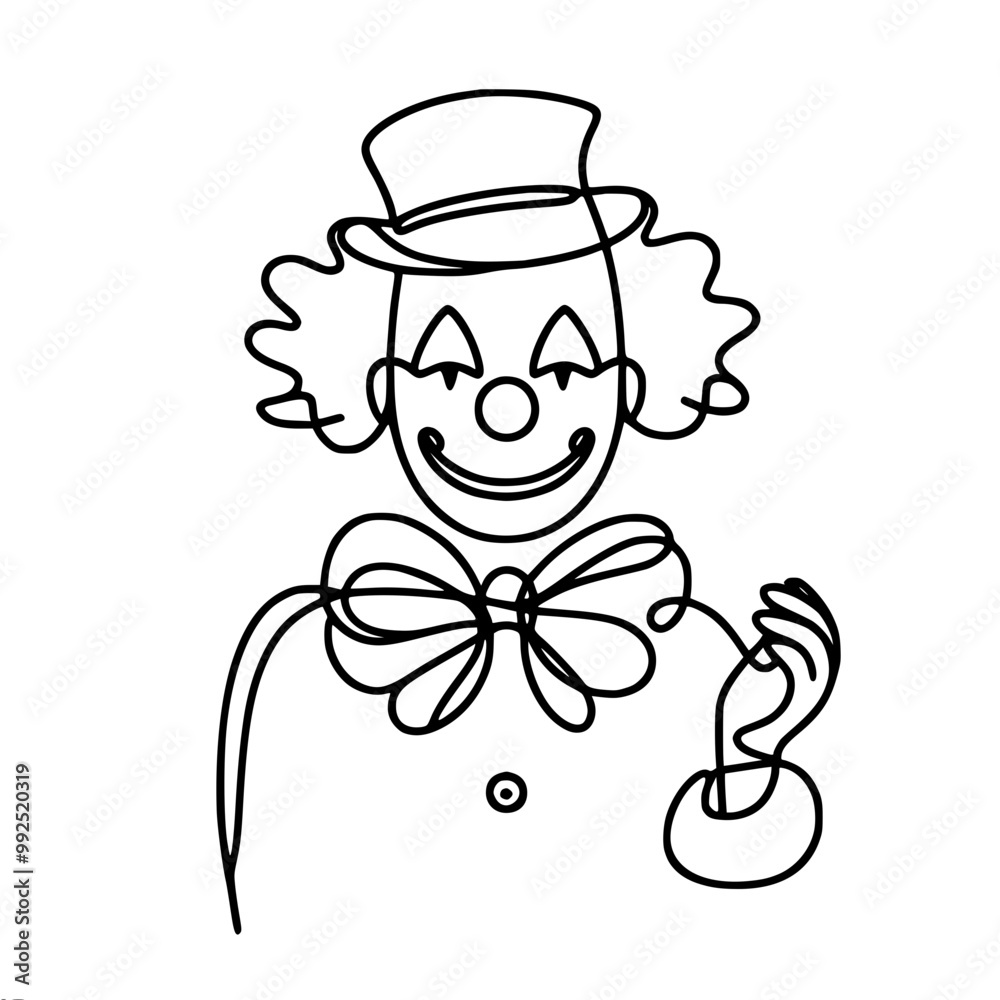 Linear vector drawing of a curly clown in a top hat with a bow on his neck. Linear vector drawing of a curly clown in a top hat with a bow on his neck.