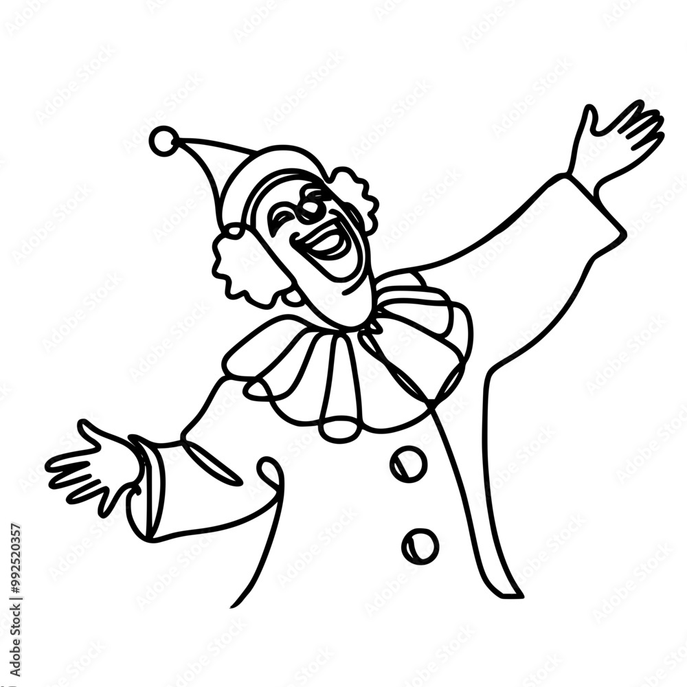 Linear vector drawing of a clown figure with curly hair, a wide smile, a hat with a pompom, large buttons and ruffles, and joyfully spread arms. Linear vector drawing of a clown figure with curly hair, a wide smile, a hat with a pompom, large buttons and ruffles, and joyfully spread arms.