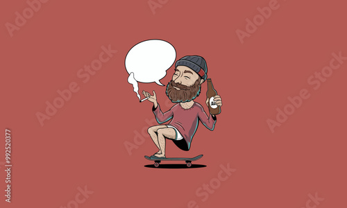 Bearded man smoking, skateboarding, and holding a bottle.