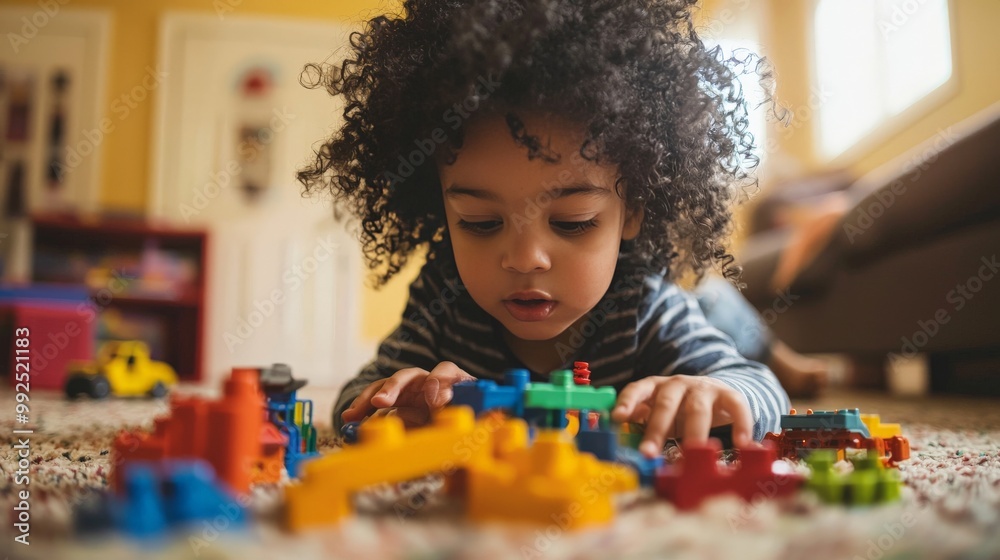 A child playing with toys, immersed in their imagination, representing innocence and creativity A child playing with toys, immersed in their imagination, representing innocence and creativity
