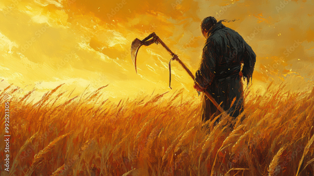 figure stands in golden field of wheat, holding sickle against vibrant ...