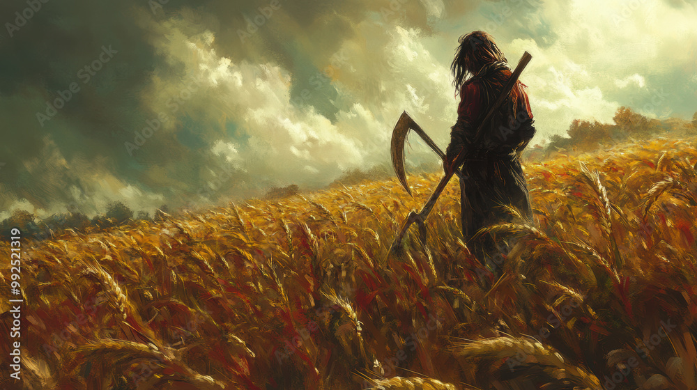 Fototapeta premium figure stands in golden wheat field, holding sickle, surrounded by dramatic clouds and sunlight. scene evokes sense of harvest and connection to nature