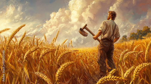 farmer stands in golden wheat field, holding sickle, gazing at beautiful sky filled with clouds. scene captures essence of harvest time and rural life