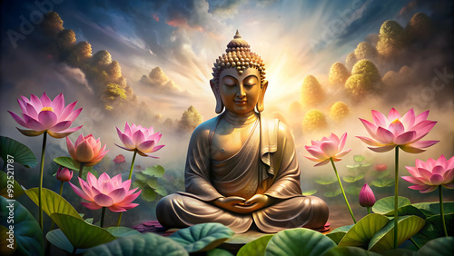 of Buddha statue surrounded by lotus flowers in a painting style, Buddha, statue, lotus flowers,painting, art, spiritual