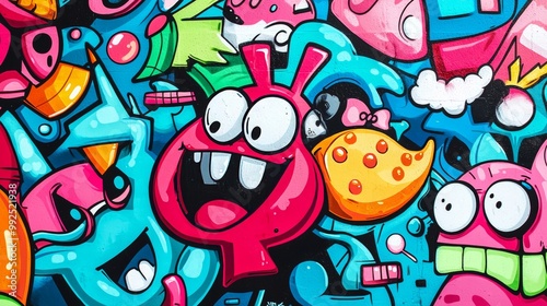 Light-hearted graffiti wall with cartoonish characters, bright and playful colors
