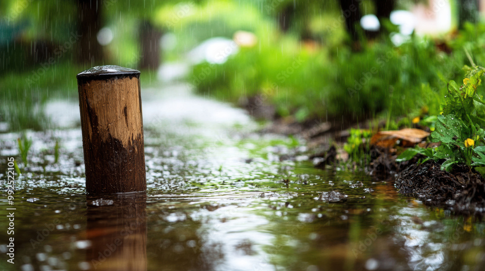 Water levels are measured with rain gauge in lush, green environment. scene captures beauty of nature during rainfall, showcasing droplets falling into puddle Water levels are measured with rain gauge in lush, green environment. scene captures beauty of nature during rainfall, showcasing droplets falling into puddle