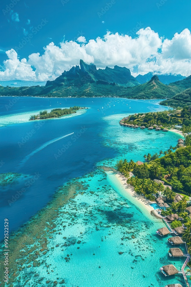 Fototapeta premium Stunning bird's-eye view of Bora Bora's turquoise lagoon, overwater bungalows, expansive sky, ample space for text