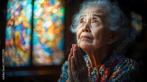 An old woman sitting on a bench in a cathedral, her hands clasped in prayer as she gazes up at a stained glass window, the multicolored light reflecting on her face and clothing, capturing a moment