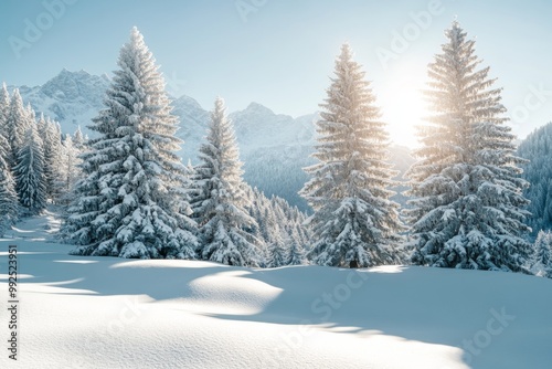 Serene Winter Landscape with Snow-Covered Trees and Mountains, Sunlight Shining Through Frosty Spruces