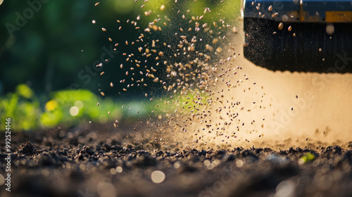 Sowing seeds using broadcast spreader creates beautiful scene of seeds scattering across soil, capturing essence of agricultural practices and natures bounty photo