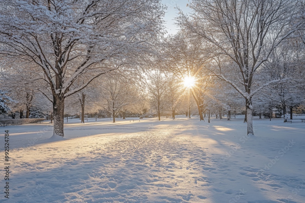 Snow-Covered Trees in the Distance with White Sky and Snowy Ground, Wide Shot in Daylight