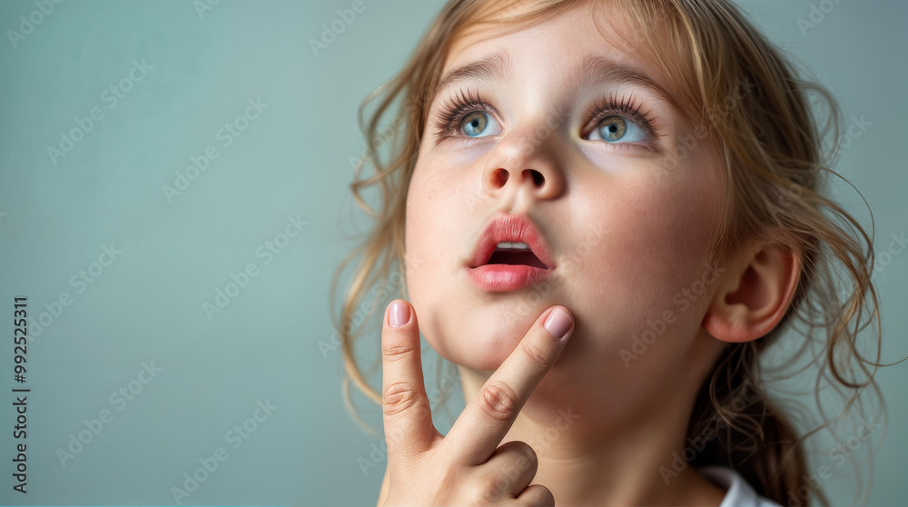 A young blond female adolescent child looking upwards with a sense of wonder and curiosity. Copy space. A young blond female adolescent child looking upwards with a sense of wonder and curiosity. Copy space.