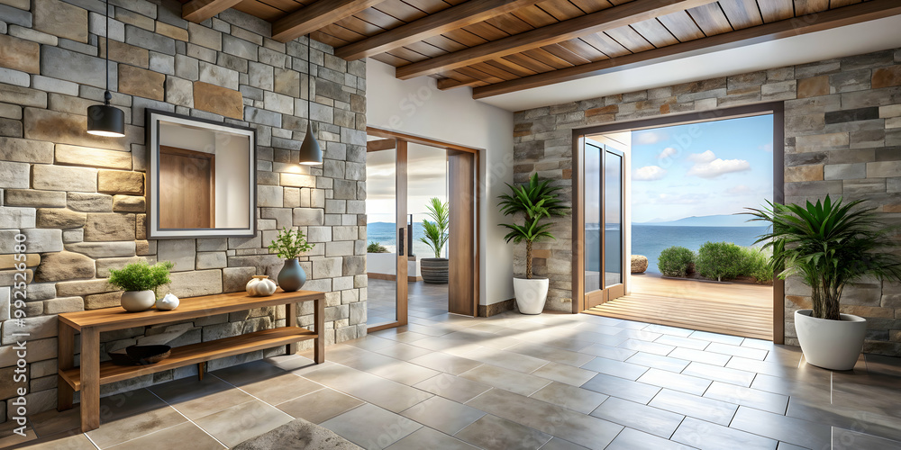Coastal interior design of modern entrance hall with stone tiles wall ...