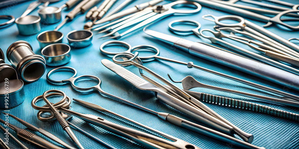 Collection of surgical instruments used by doctors during medical procedures, scalpel, forceps, scissors, needles Collection of surgical instruments used by doctors during medical procedures, scalpel, forceps, scissors, needles