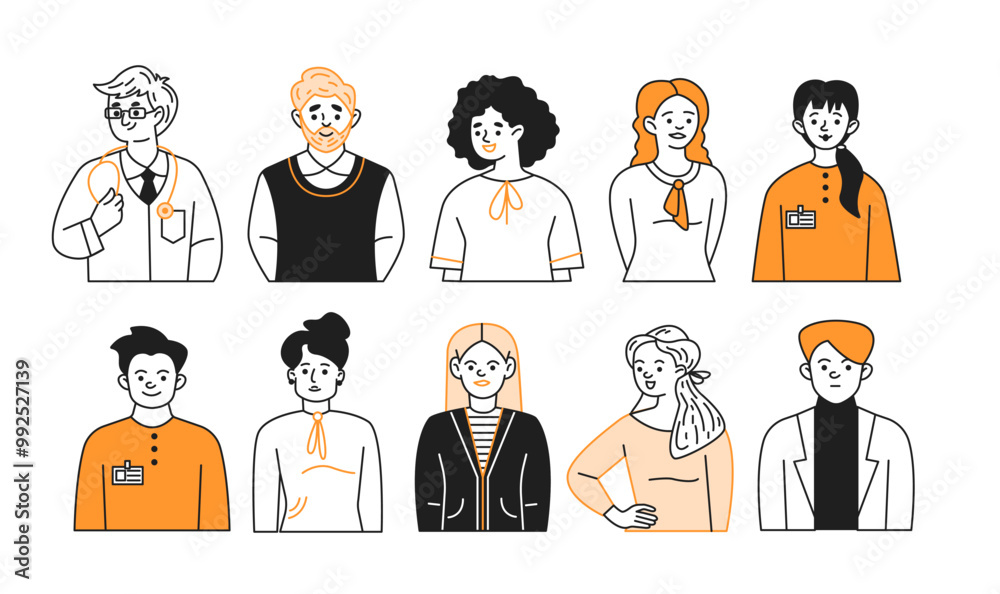 Proficient occupation individuals avatars doodle line and color outline set. Commerce and medication occupations straight outline vector symbols collection Proficient occupation individuals avatars doodle line and color outline set. Commerce and medication occupations straight outline vector symbols collection