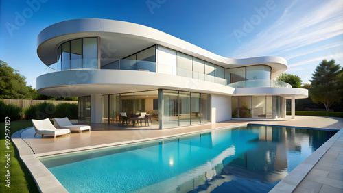 Modern white house with curved structure and large swimming pool in front, modern, house, curved, white, structure